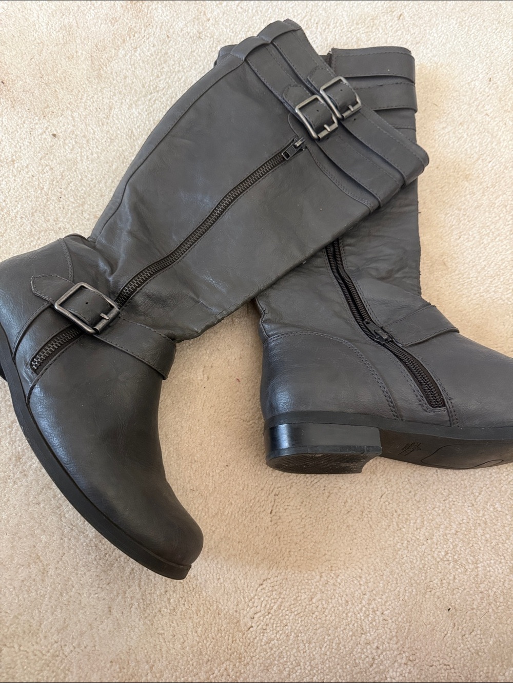 Fergalicious Women's Gray Knee-High Lace-Up Buckle Boots